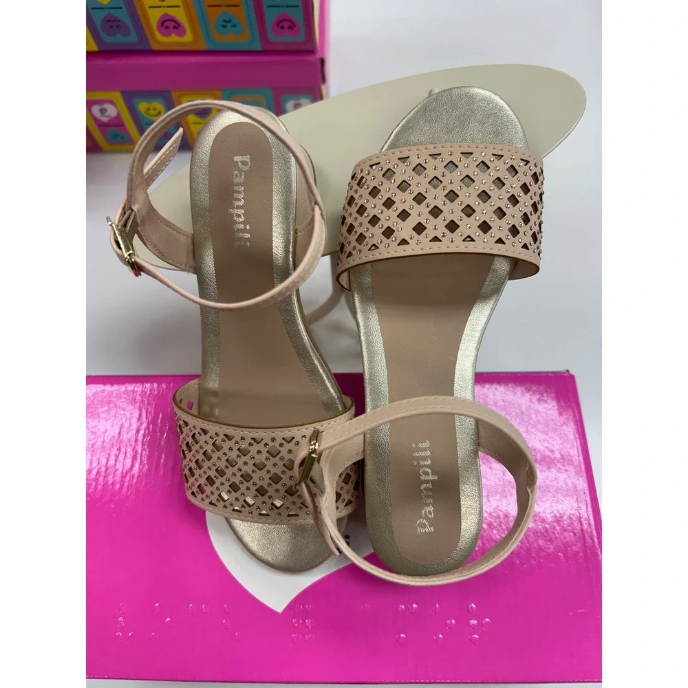 Pampili Girls Pink Laser Cut Rhinestone Dress Sandals Low Block Heel Metallic